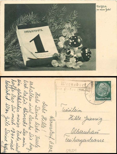 09306 Kleinmilkau Mittweida country Country postmark on flower card o 4.11.193009509 Wernsdorf via Pockau (Floehatal) country postmark on New Year's card o 31.12.1940