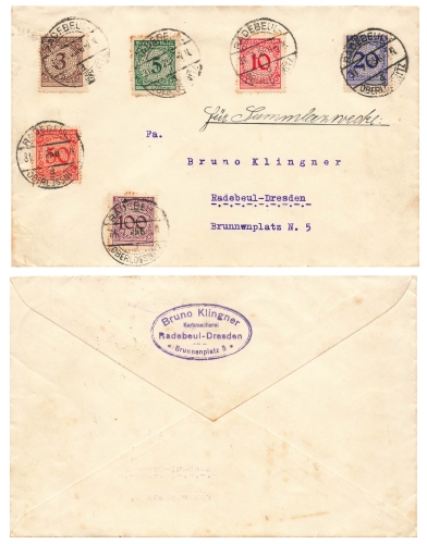 Value numbers in the Michel district 338 to 343 on letter o Radebeul July 31, 1925