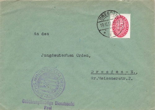 VValue digits in the oval 15 Pfennig official stamp Michel 124 X on the local letter o Dresden October 19, 1932