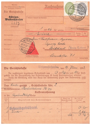 Value digits in the oval 20 and 6 Pfennig official stamp Michel 126 128 on cash on delivery card o Königs Wusterhausen June 27, 1933 to Wildau