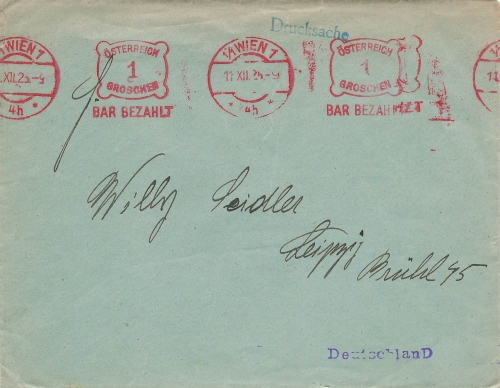 Wien Oesterreich roter BAR bezahlt Stempel auf Brief o 1925