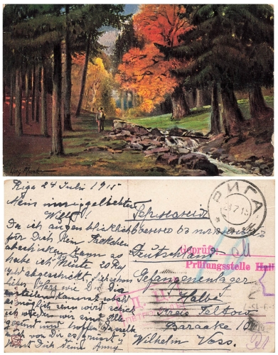Willy Moralt artist card from Riga via Petrograd Censorship stamp half o July 24, 1915