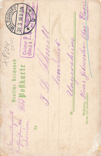 01723 Wilsdruff Gasthof zur Guten Quelle Postzenzur 1. WK Colmar o 1916