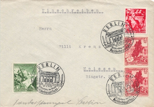 Winter relief organization WHW landscapes and Michel 661 on cover special cancellation Berlin German military freedom April 20, 1939