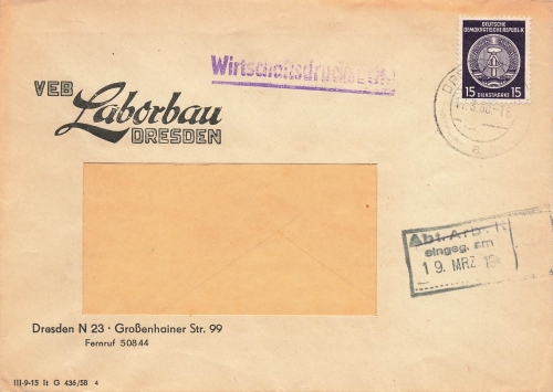Wirtschaftsdrucksache VEB Laborbau Dienstmarke 15 Pfennig Michel 21 o Dresden 17.3.1960