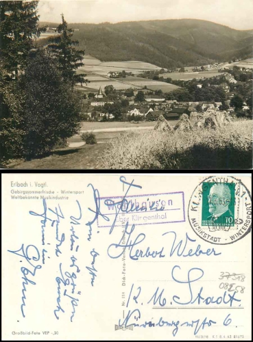08258 Wohlhausen via Klingenthal Country postmark on postcard Erlbach in Vogtland o 17.8.1963