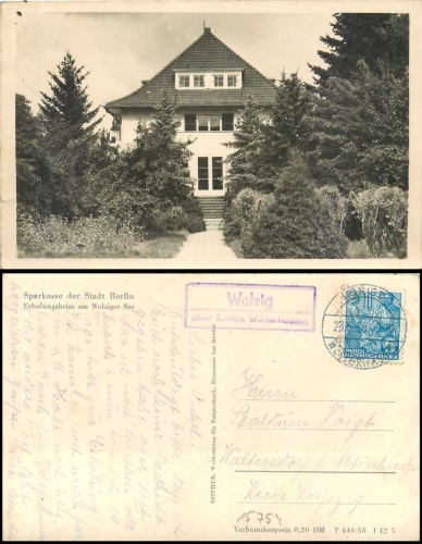 15754 Wolzig about Koenigs Wusterhausen country postmark on convalescent home of Sparkasse Berlin o 28.5.1958