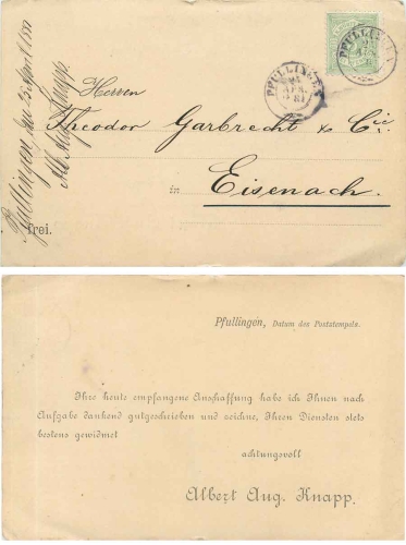 Wuerttemberg  Mi.No. 44 3 Pfennig on sales representative card stamp Pfullingen 25.4.1881