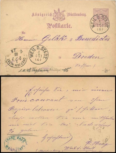 Wuerttemberg postal stationary 5 Pfennig from Weil der Stadt 1.7.1885 to Dresden