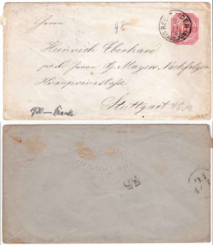 Württemberg  Ganzsachenumschlag 10 Pfennig von Reutlingen Stadt-Post 3.11. um1880 nach Stuttgart