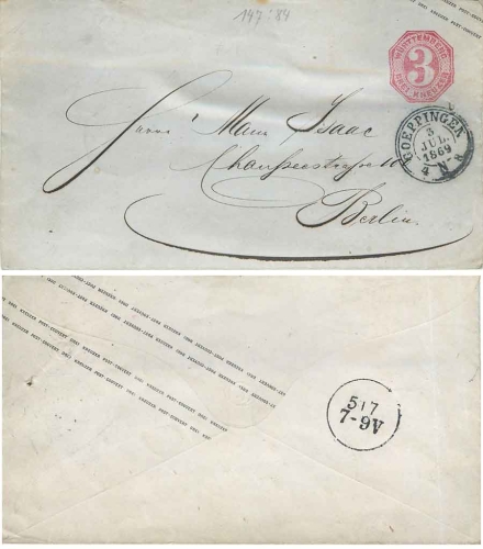 Württemberg Ganzsachenumschlag 3 Kreuzer gestempelt Göppingen 3.7.1869 nach Berlin