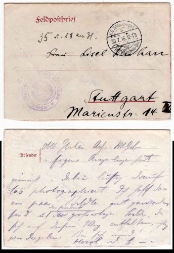 Württembergisches Gebirgs-Bataillon der 187. Infanterie Division Feldpost 1.WK 30.7.1916