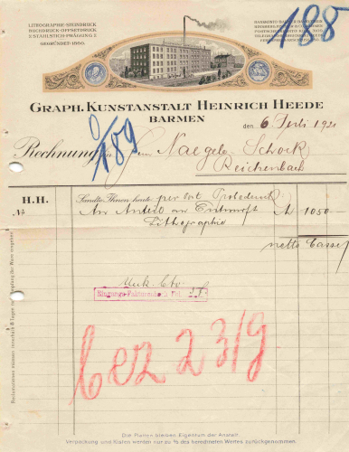 Wuppertal Barmen Buchdruckerei Heinrich Heede letterhead with factory view 1921