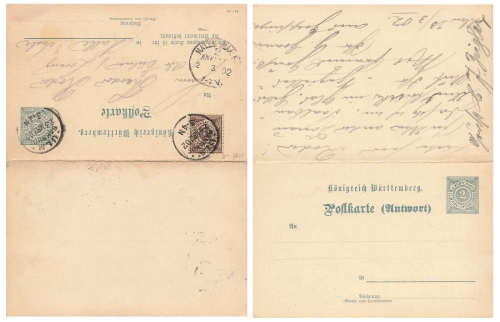 Wurttemberg 2 Pfennig postal stationery with reply card o Ulm train station March 23, 1902