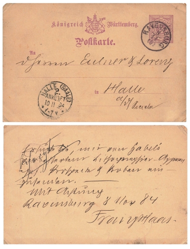 Wurttemberg 5 Pfennig postal stationery o Ravensburg 8.11.1884 to Halle