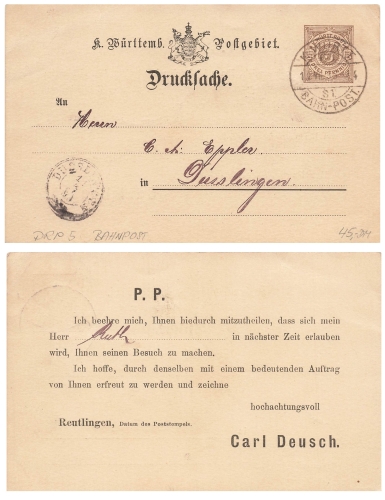 Wurttemberg printed matter postal stationery with private printing three pfennigs o Bahnpost 64 S1 July 14, 1913