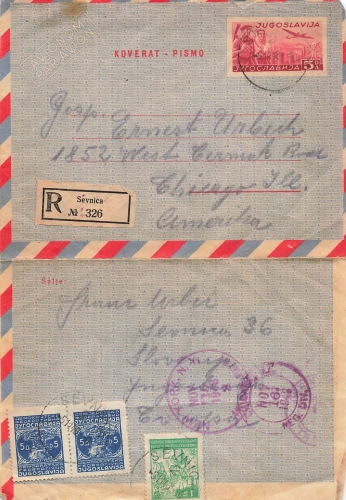 Yugoslavia airmail letter R letter to Chicago o Sevnica November 5, 1948