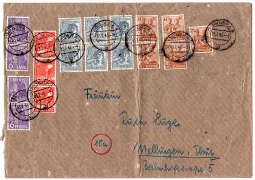 Tenfold franking Allied occupations control council issue on cover o Gera 3.7.1949 to Mellingen