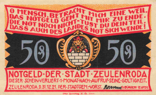 Zeulenroda, Thuringia, 1921 emergency money note