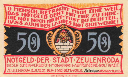 Zeulenroda, Thuringia, 1921 emergency money note