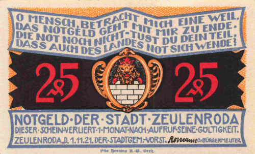 Zeulenroda, Thuringia, 1921 emergency money note