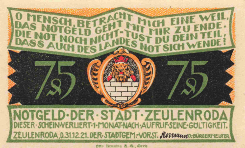 Zeulenroda, Thuringia, 1921 emergency money note