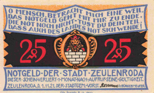 Zeulenroda, Thuringia, 1921 emergency money note