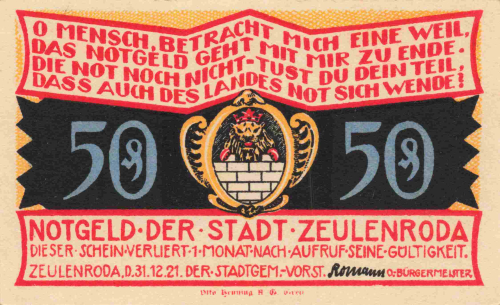 Zeulenroda, Thuringia, 1921 emergency money note