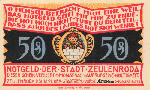 Zeulenroda Thüringen Notgeldschein 1921