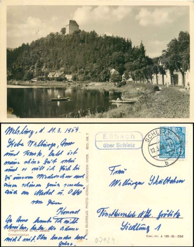 07924 Ziegenrueck gondola station Country postmark Essbach via Schleiz o 12.3.1959