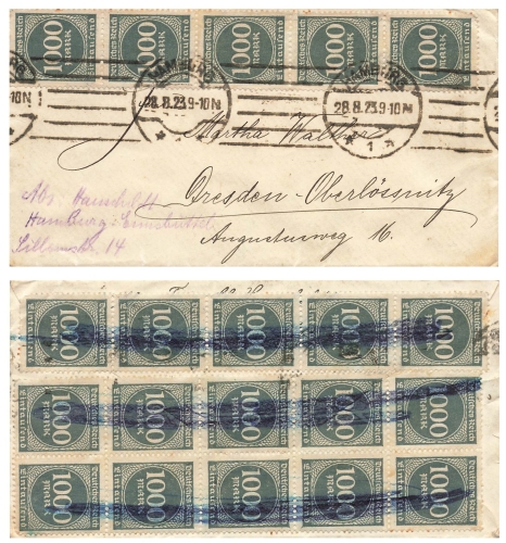 Numbers in a circle 1000 Mark Michel 273 multiple franking on letter o Hamburg August 28, 1923 to Oberloessnitz