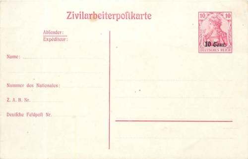 Stage area West civilian worker postcard postal stationery 10 cents. on 10 Pfennig Germania