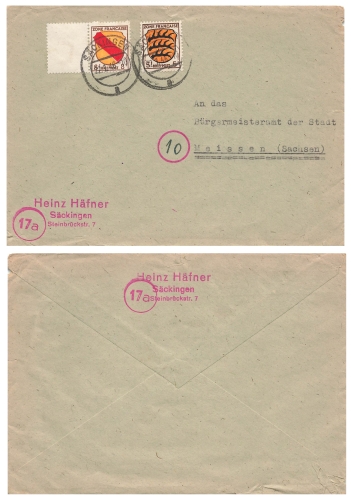 Zone Francaise Michel 4 mit Zwischensteg Brief o Sackingen 22.1.1946 nach Meissen