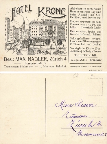 Zürich Hotel Krone Werbekarte  *ca. 1910