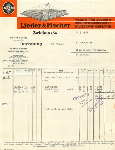 Zwickau curtains weaving Lieder & Fischer letterhead with factory view 1937