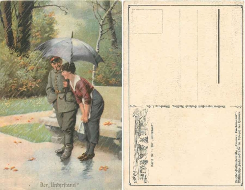 Soldatenhumor Nr.1 "Der Unterstand" Regenschirm Künstlerkarte * ca. 1915