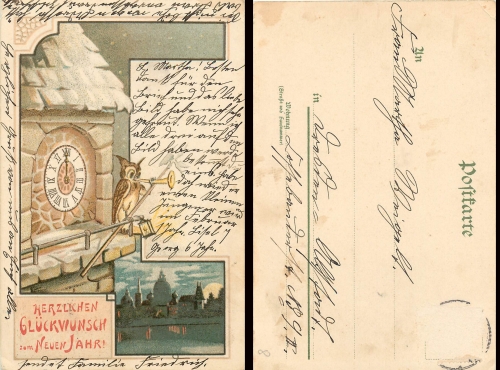 Owl on church tower chromolithograph o ca.1900