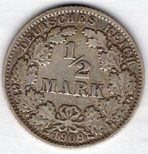 1/2 Mark 1909 J Deutsches Kaiserreich Silbermünze