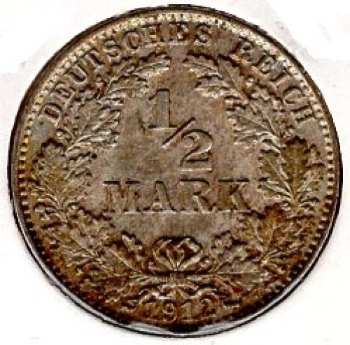 1/2 Mark 1912 J German Empire Silver Coin