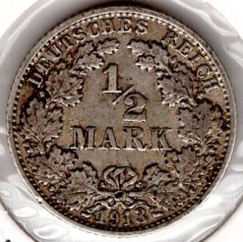 1/2 Mark 1913 F German Empire Silver Coin