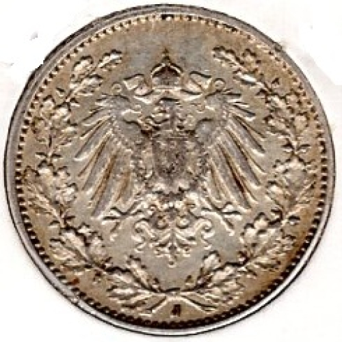 1/2 Mark 1914 J German Empire Silver Coin