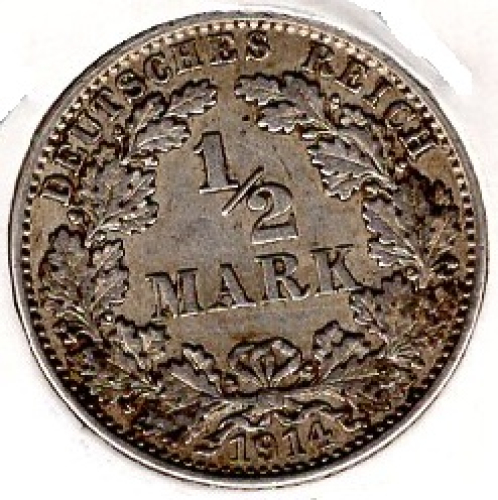 1/2 Mark 1914 J German Empire Silver Coin