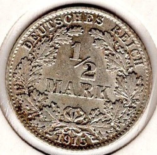 1/2 Mark 1915 D German Empire Silver Coin