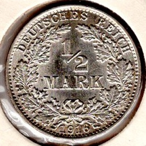 1/2 Mark 1916 A German Empire Silver Coin