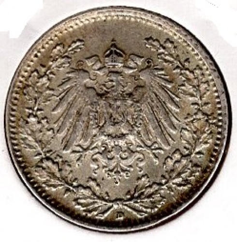 1/2 Mark 1916 D German Empire Silver Coin