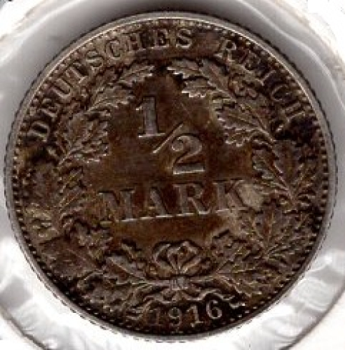 1/2 Mark 1916 F German Empire Silver Coin