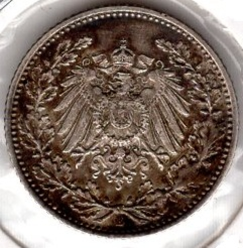 1/2 Mark 1916 F German Empire Silver Coin