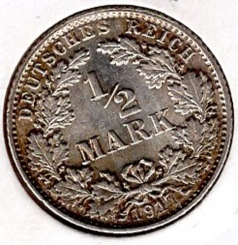 1/2 Mark 1917 E German Empire Silver Coin