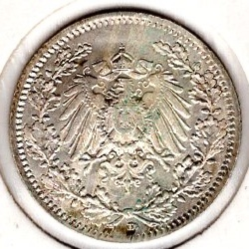 1/2 Mark 1918 D German Empire Silver Coin