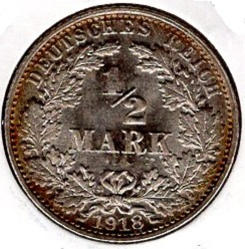 1/2 Mark 1918 E German Empire Silver Coin